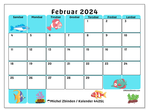 Kalender februar 2024 “442”. Gratis program til print.. Søndag til lørdag