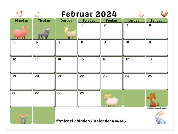Kalender februar 2024 “444”. Gratis plan til print.. Mandag til søndag