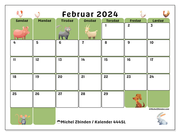 Kalender februar 2024 “444”. Gratis plan til print.. Søndag til lørdag