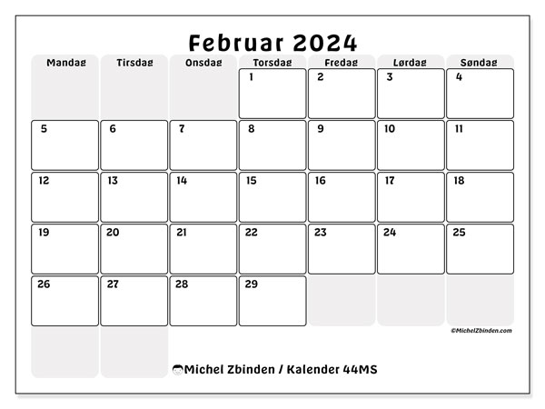 Kalender februar 2024 “44”. Gratis plan til print.. Mandag til søndag