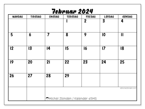 Kalender februar 2024, 45SL. Gratis kalender til print.