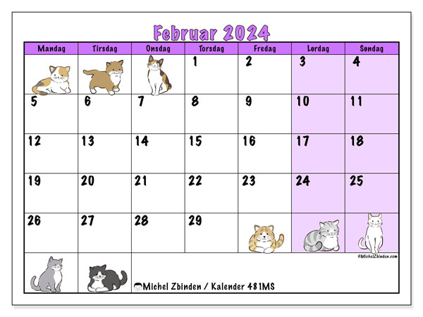 Kalender februar 2024 “481”. Gratis plan til print.. Mandag til søndag