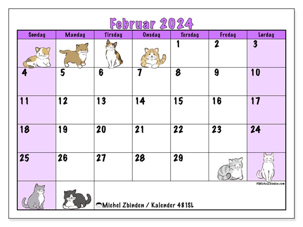 Kalender februar 2024 “481”. Gratis plan til print.. Søndag til lørdag