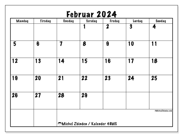 Kalender februar 2024 “48”. Gratis program til print.. Mandag til søndag