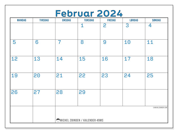 49MS, kalender februar 2024, til gratis udskrivning.