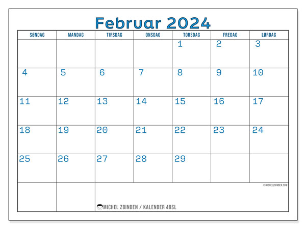 Kalender til udskrivning, februar 2024, 49SL