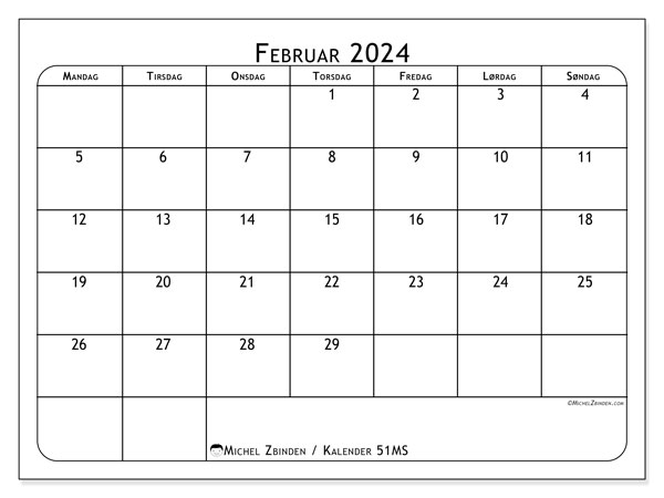 Kalender februar 2024, 51MS. Gratis kalender til print.