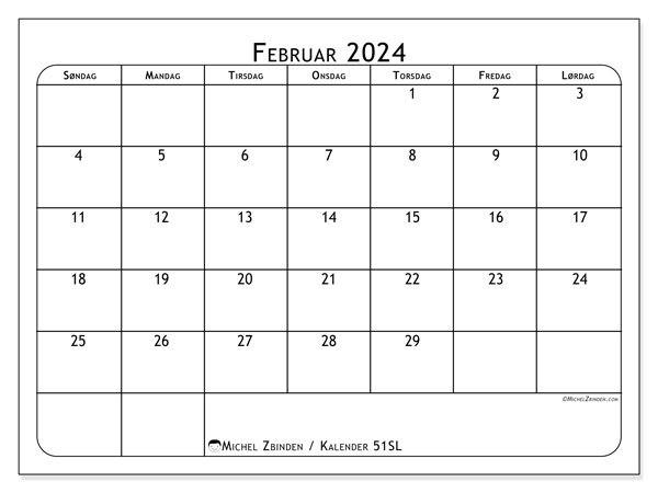 Kalender til udskrivning, februar 2024, 51SL