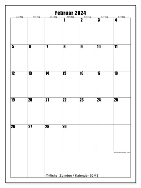 Kalender februar 2024 “52”. Gratis plan til print.. Mandag til søndag