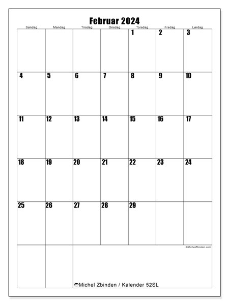 Kalender februar 2024, 52SL. Gratis kalender til print.