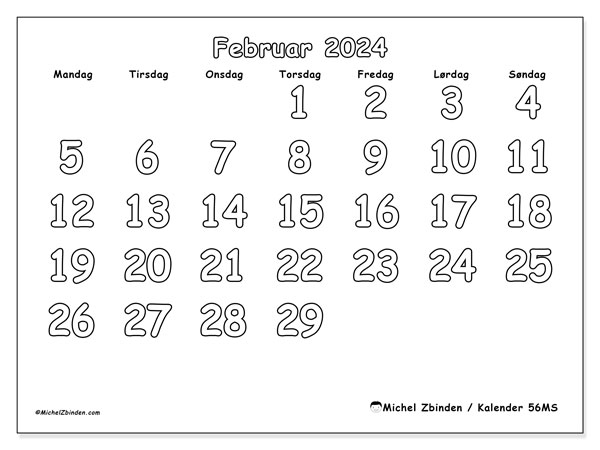 Kalender februar 2024 “56”. Gratis plan til print.. Mandag til søndag