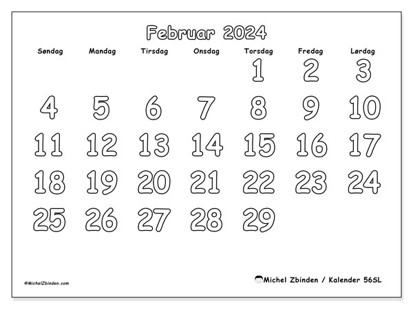 Kalender til udskrivning, februar 2024, 56SL