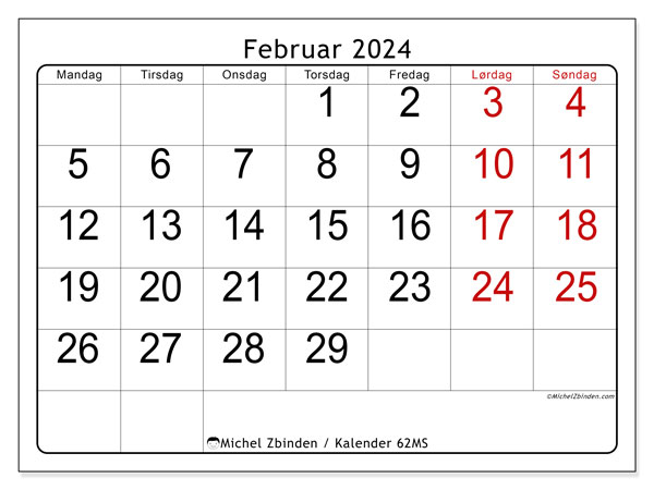 Kalender februar 2024 “62”. Gratis kalender til print.. Mandag til søndag