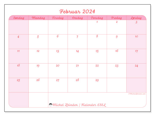 Kalender februar 2024 “63”. Gratis kalender til print.. Søndag til lørdag