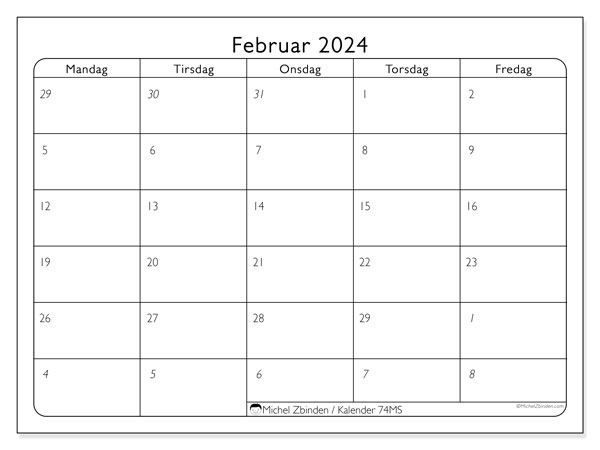 Kalender februar 2024, 74SL. Gratis kalender til print.