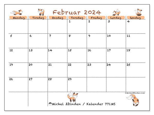 Kalender februar 2024 “771”. Gratis plan til print.. Mandag til søndag