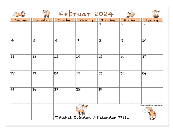 Kalender februar 2024 “771”. Gratis plan til print.. Søndag til lørdag