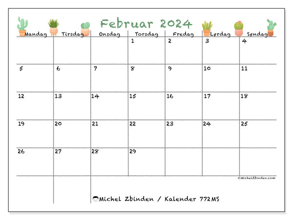 Kalender februar 2024 “772”. Gratis kalender til print.. Mandag til søndag