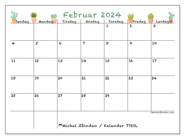 Kalender februar 2024 “772”. Gratis kalender til print.. Søndag til lørdag