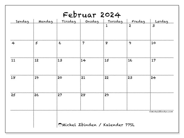 Kalender februar 2024, 77SL. Gratis kalender til print.