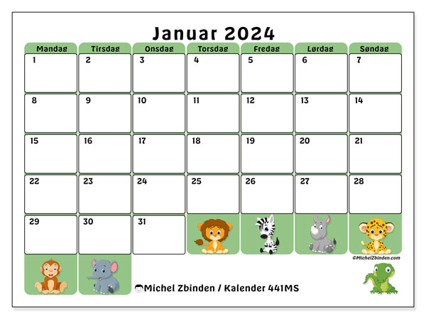 Kalender januar 2024 “441”. Gratis program til print.. Mandag til søndag
