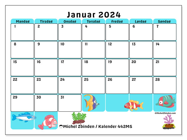 Kalender januar 2024 “442”. Gratis program til print.. Mandag til søndag