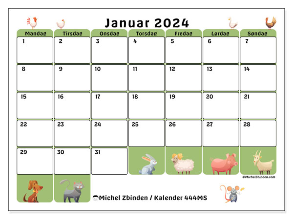 Kalender til udskrivning, januar 2024, 444MS