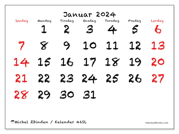 Kalender til udskrivning, januar 2024, 46SL
