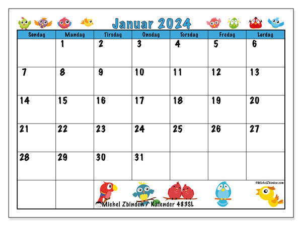 Kalender januar 2024 “483”. Gratis kalender til print.. Søndag til lørdag