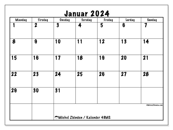 Kalender januar 2024, 48SL. Gratis program til print.