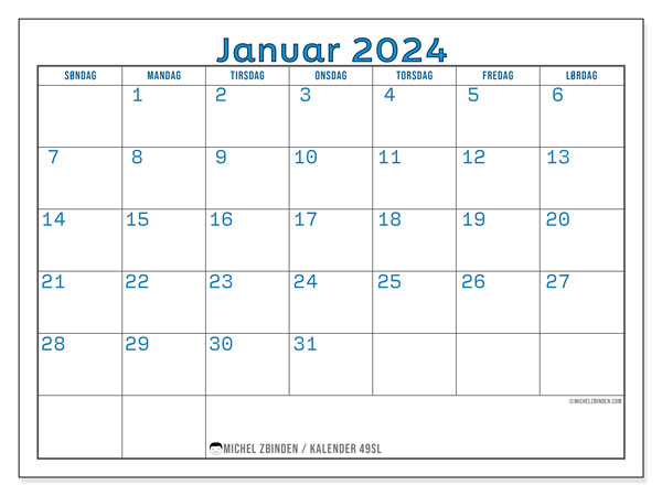 Kalender til udskrivning, januar 2024, 49SL