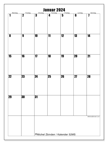 Kalender januar 2024 “52”. Gratis program til print.. Mandag til søndag