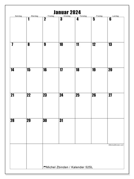 Kalender januar 2024 “52”. Gratis program til print.. Søndag til lørdag