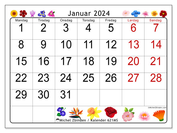 Kalender januar 2024 “621”. Gratis plan til print.. Mandag til søndag