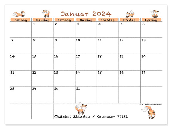 Kalender til udskrivning, januar 2024, 771SL