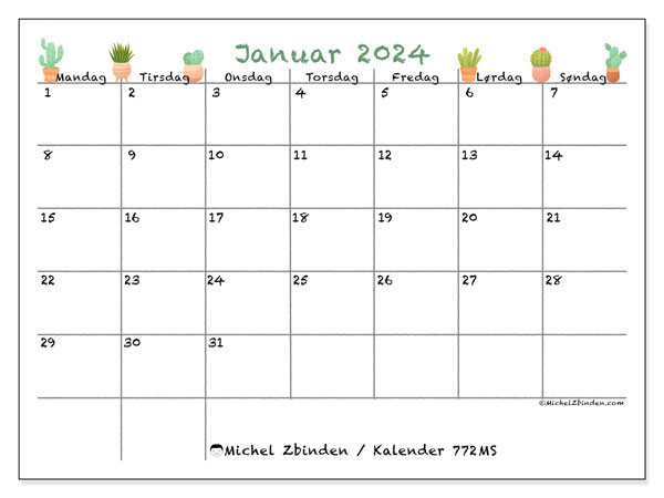 Kalender til udskrivning, januar 2024, 772MS