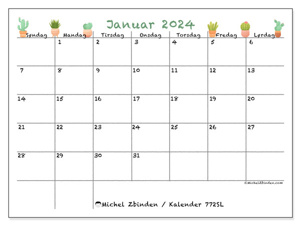 Kalender januar 2024 “772”. Gratis kalender til print.. Søndag til lørdag