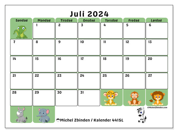 Kalender juli 2024 “441”. Gratis kalender til print.. Søndag til lørdag