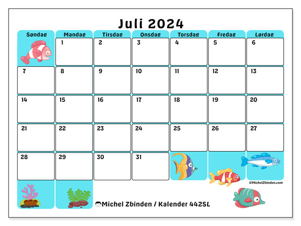 Kalender juli 2024 “442”. Gratis plan til print.. Søndag til lørdag