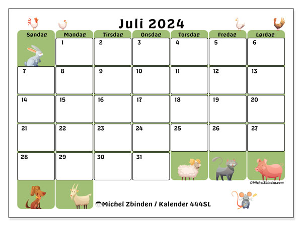 Kalender juli 2024 “444”. Gratis plan til print.. Søndag til lørdag