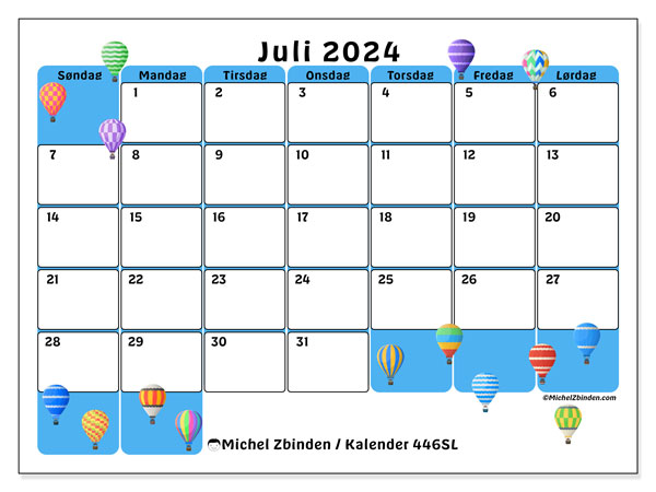 Kalender juli 2024 “446”. Gratis plan til print.. Søndag til lørdag