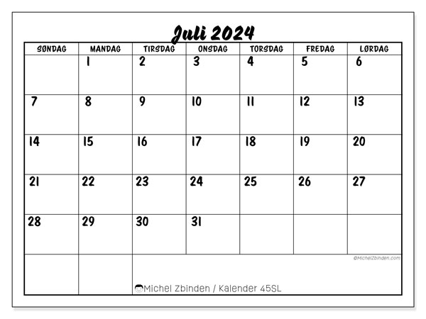 Kalender juli 2024 “45”. Gratis program til print.. Søndag til lørdag