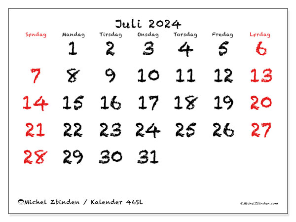Kalender juli 2024, 46SL. Gratis kalender til print.