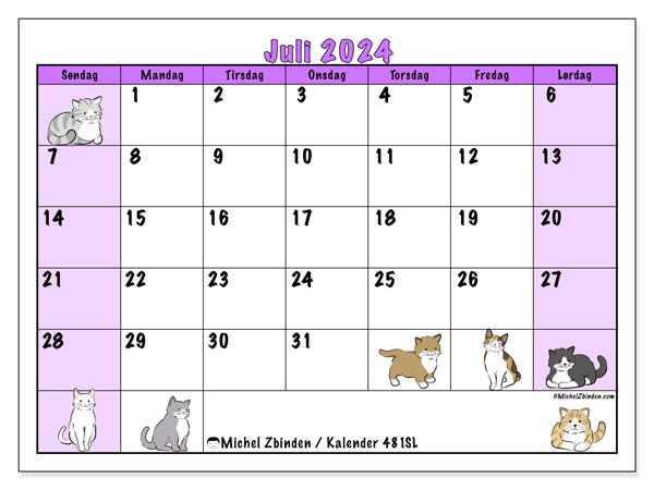 Kalender til udskrivning, juli 2024, 481SL