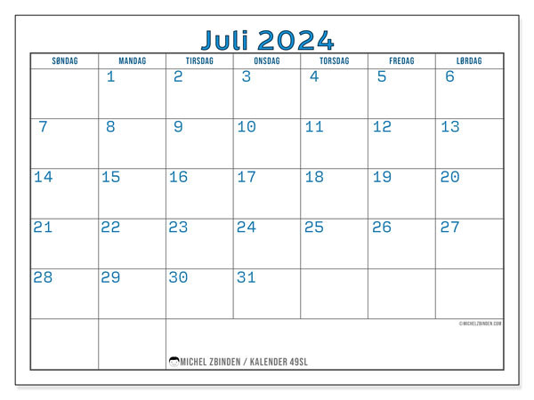 Kalender til udskrivning, juli 2024, 49SL