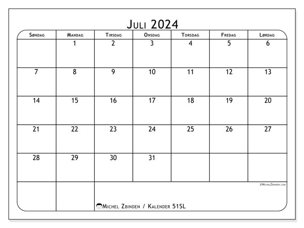 Kalender juli 2024 “51”. Gratis kalender til print.. Søndag til lørdag