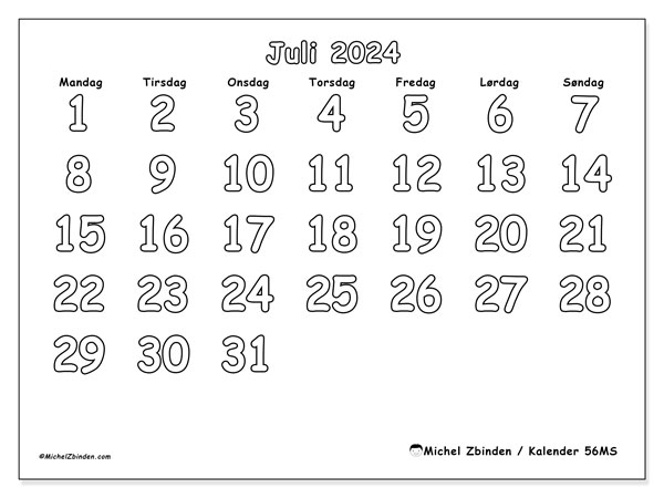 Kalender juli 2024 “56”. Gratis kalender til print.. Mandag til søndag