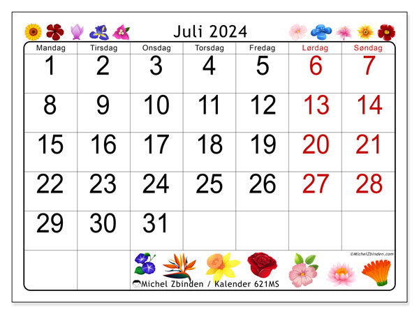 Kalender til udskrivning, juli 2024, 621MS