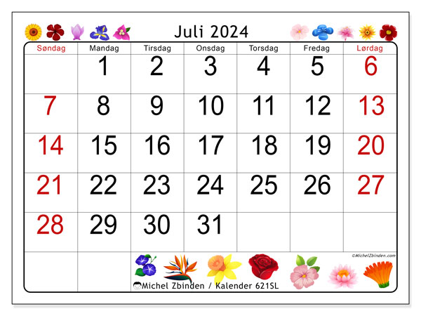Kalender juli 2024 “621”. Gratis kalender til print.. Søndag til lørdag