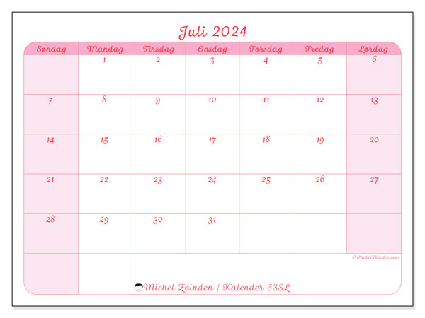 Kalender juli 2024 “63”. Gratis kalender til print.. Søndag til lørdag